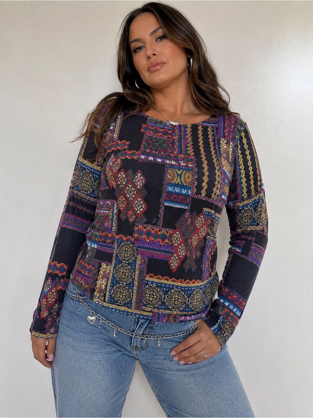 Y2K VINTAGE Boho Patchwork Retro 70s Polyester/Spandex Blend Top - Size Medium